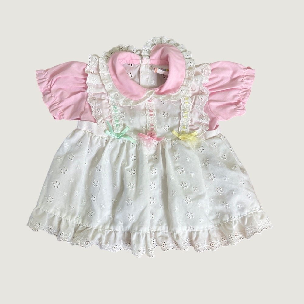 Vintage Mayfair Baby Girls Dress White Pink 12 Months Ribbons Eyelet Embroidery